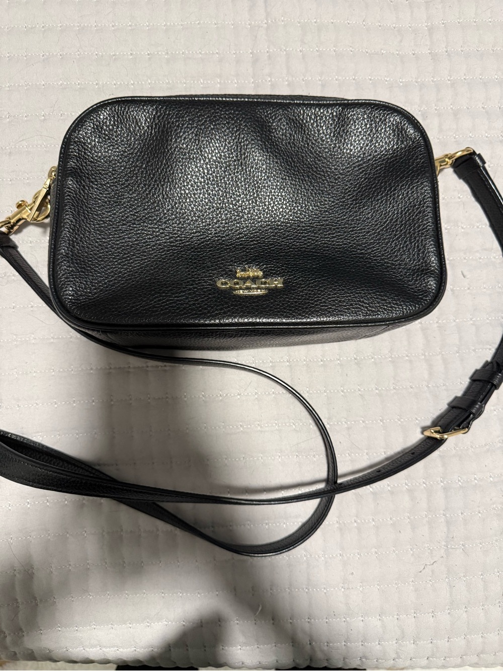 Coach Black Pebbled Leather Crossbody Camera Bag with Gold Hardware